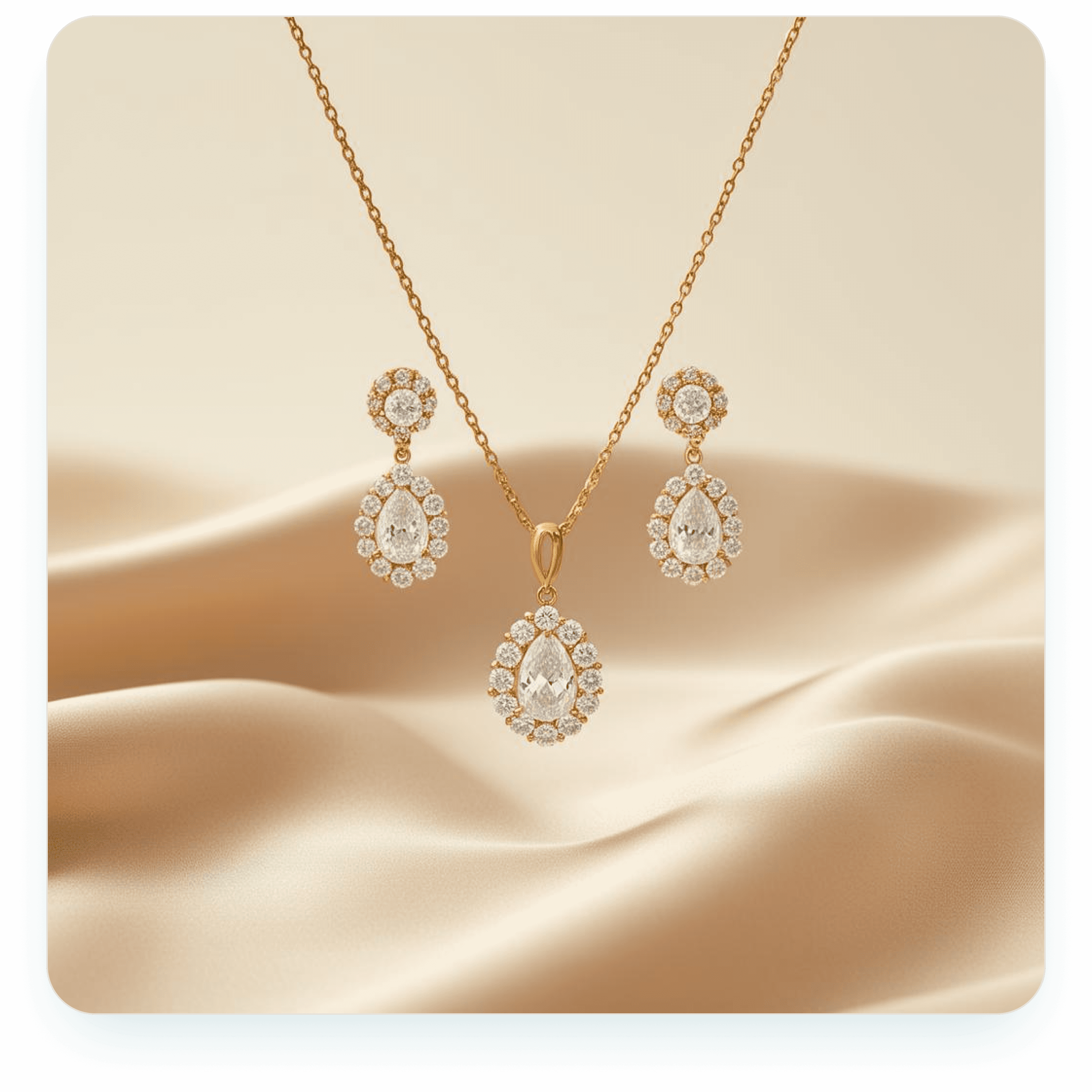 Luxury yellow gold and diamond necklace and earring set on champagne satin